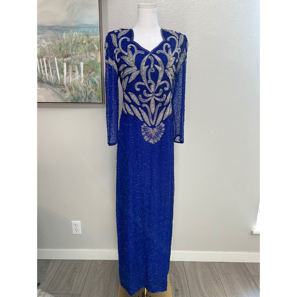 Right Choice Royal Blue Silk Beaded Gown Silver Sequin Cutout Back Maxi Dress S